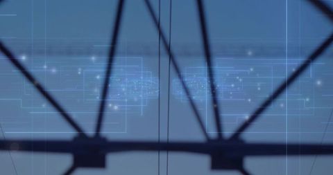 Bridge truss silhouette presenting holographic network overlay and futuristic circuitry
