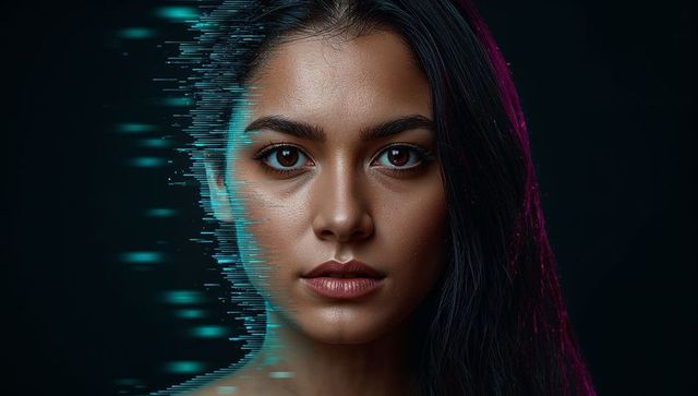 Woman's Portrait with Digital Glitch Effect and Cyber Lighting