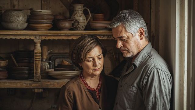 Senior couple embracing in rustic kitchen with vintage ceramics and wooden shelves, quiet intimate m