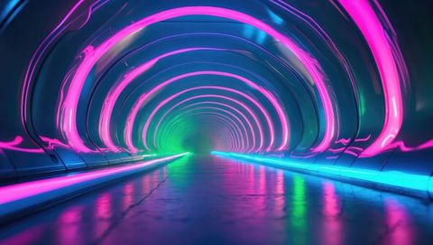 Neon-lit Futuristic Tunnel with Curved Metal Surroundings