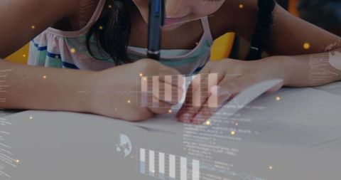 Young Girl Writing with Tech-Inspired Digital Overlay
