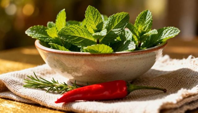 Fresh mint leaves nesting in rustic ceramic bowl with red chili and rosemary on linen napkin