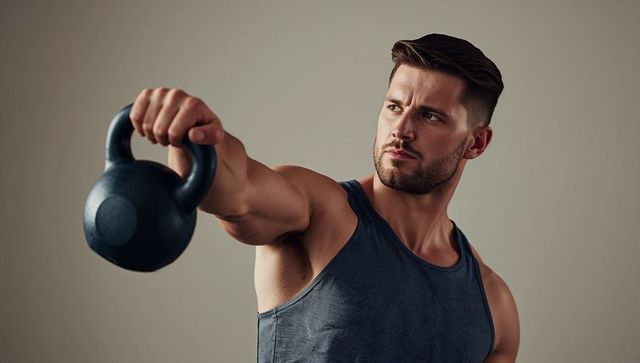 Athlete lifting kettlebell in controlled front raise building upper body strength