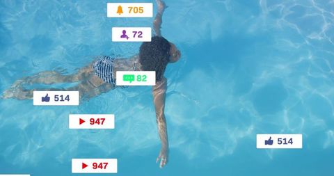 Woman Swimming Gracefully with Social Media Notifications