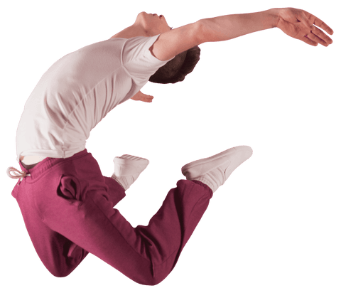 Dynamic boy in tracksuit performing jump on transparent background