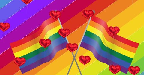 Colorful Pride Celebration with Rainbow Flags and Hearts