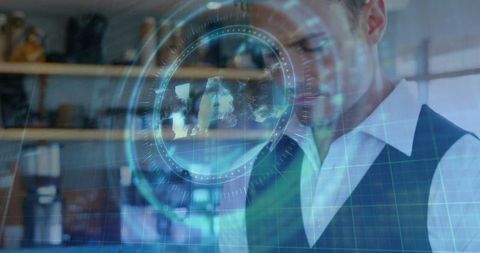 Businessman Navigating Holographic Interface in Futuristic Office