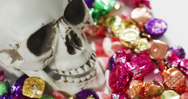 Skull placed among assorted colorful candies symbolizing themes associated with Halloween and festive celebrations. Can be used for Halloween invitations, spooky party decorations, and creative advertisements related to Halloween treats and decorations.