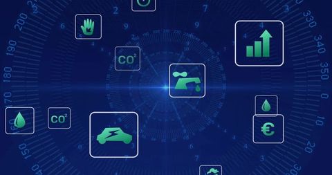 Futuristic sustainability dashboard displaying green HUD icons for CO2, water, EV, economy