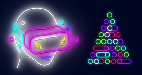 Colorful Neon VR Head and Modern Christmas Tree