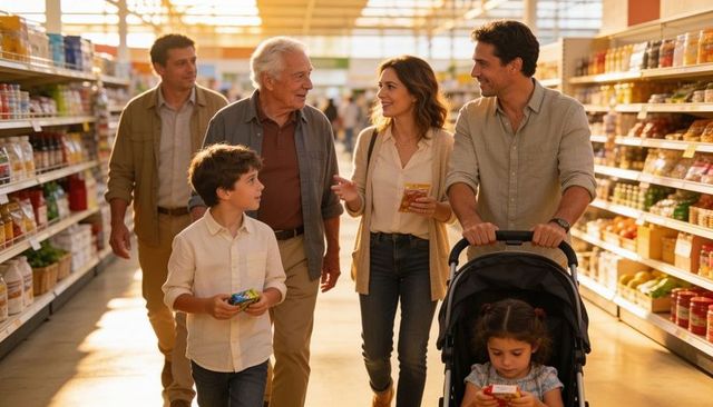 Multigenerational family shopping together in sunlit supermarket aisle with stroller