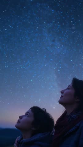 Mother and Daughter Hugging and Stargazing on Hilltop at Nightfall Vertical Video