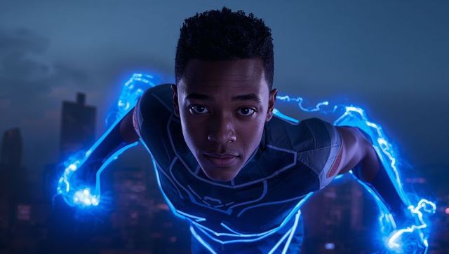 Teenage Superhero above City with Blue Energy Sparks