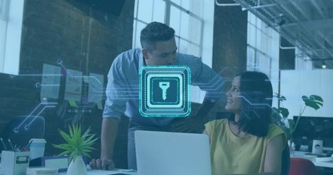Discussing cybersecurity strategy in loft office with holographic key overlay