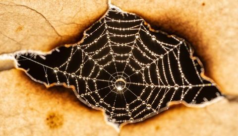 Dew-draped orb web framing torn leaf opening at dawn with central jewel droplet