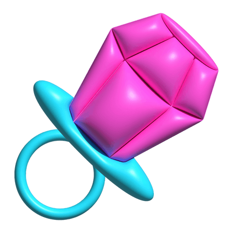 Transparent canvas 3d glossy cyan pacifier with magenta faceted gem mockup