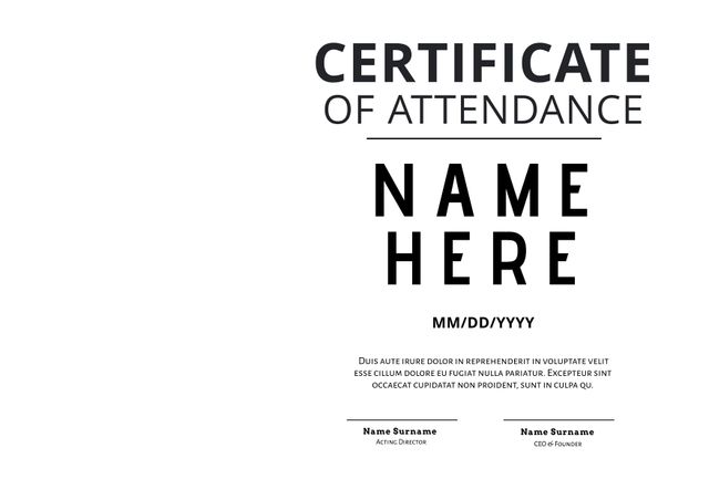 Elegant, minimalist certificate of attendance template perfect for awards, professional events, and recognition. Customizable fields for attendee's name, date, and signatures of authority. Ideal for corporate trainings, academic achievements, and special events.