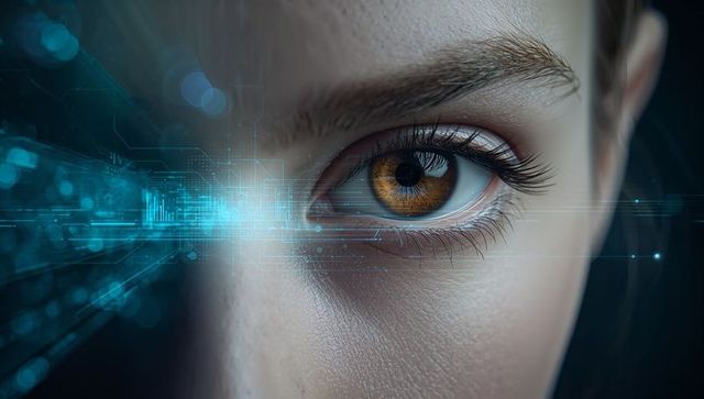Futuristic biometric eye scan showing amber iris with blue digital hud closeup overlay