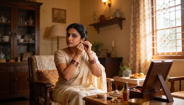 Woman fastening earring in cream saree with red gold bangles, warm home vanity ritual
