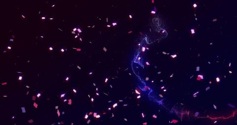 Neon particle ribbon rising through dark space with pink confetti and glowing trails