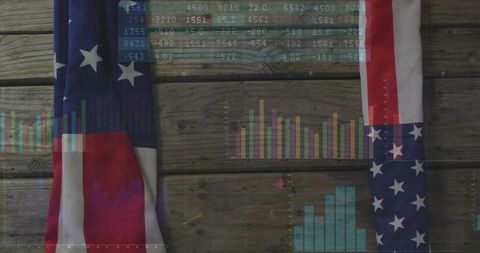 American flag drapes data digital overlay engaging finance style