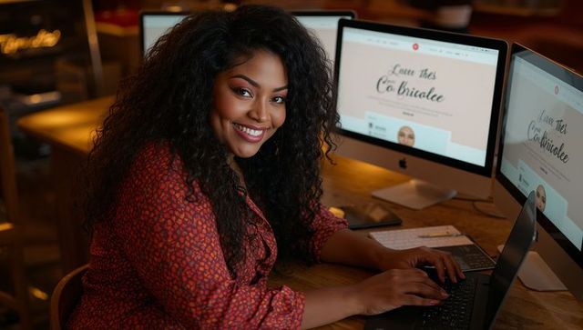 Smiling woman typing on laptop with dual monitors in cozy wooden coworking cafe