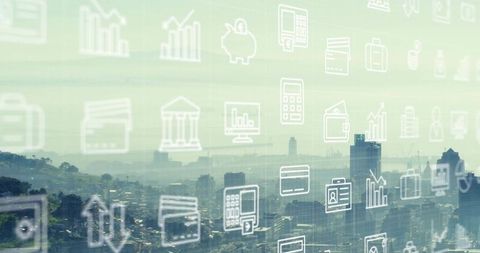 Floating Fintech Icons Overlaying Urban Skyline with Hazy Cityscape and Finance Glyphs