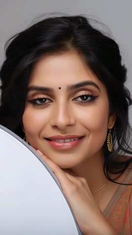 Vertical video showcasing model posing with bindi and gold earrings, calm beauty close-up