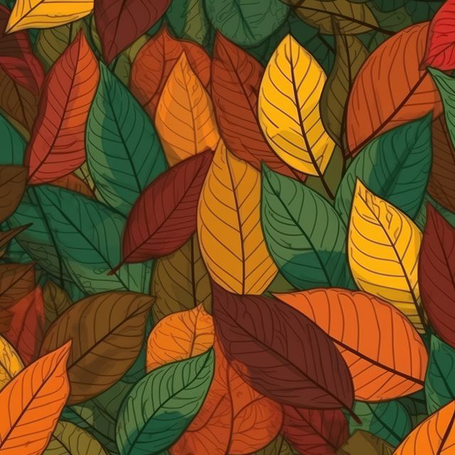 This artwork shows a vivid pattern featuring an array of colorful leaves, typically found in autumn. Rich in hues of green, orange, yellow, brown, and red, this design brings out the vibrant essence of the fall season. Perfect for use in seasonal backgrounds, wallpapers, textile design, nature-inspired decorations, and autumn-themed promotional materials.