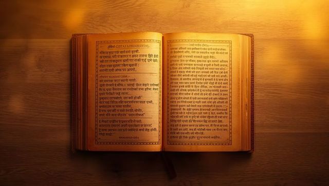 Open antique sanskrit manuscript in devanagari script glowing under warm lamp on wood table