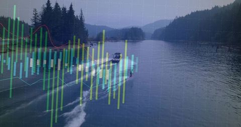 Powerboat towing waterskier through misty conifer inlet with data grid and graph overlay