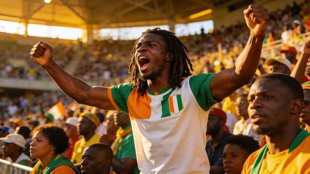 Passionate fan cheering with raised fists in tri-color jersey, energetic stadium crowd