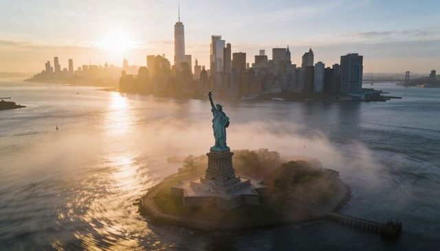 Statue of liberty glowing at sunrise with manhattan skyline and morning mist