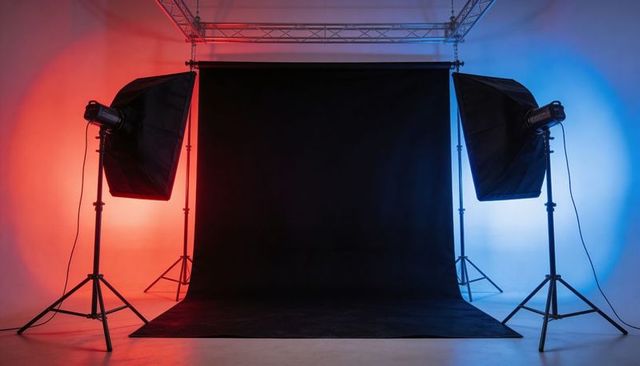 Black Seamless Backdrop with Dual-Tone Red and Blue Softbox Lighting for Studio Shoots