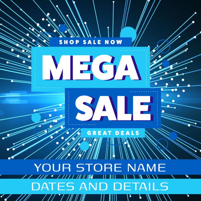 Perfect for businesses looking to promote their Mega Sale event. Features vibrant blue light trails and clear, bold text to grab attention. Ideal for use in social media posts, email marketing campaigns, and store signage to attract customers and highlight ongoing promotions.