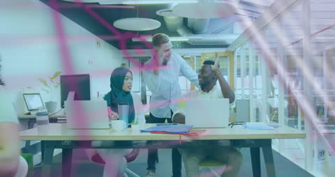 Diverse Team High-Fiving, Digital Elements Overlay, Financial and Tech Success