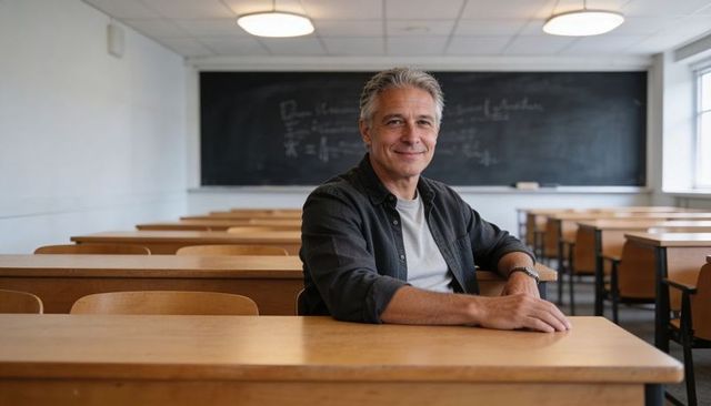 Confident senior lecturer sitting at wooden desk in empty university lecture room