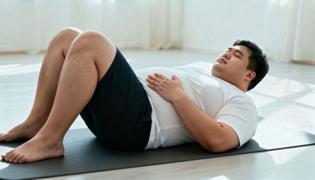 Asian man practicing breathwork and relaxation lying on yoga mat in sunlit calm room