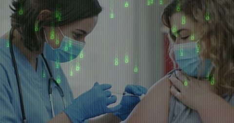 Nurse Administering Vaccine to Patient with Digital Binary Overlay
