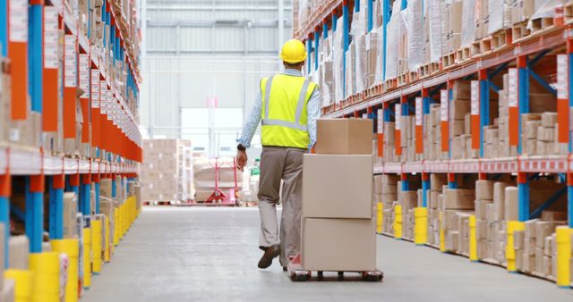 Warehouse worker wearing yellow vest and hard hat transporting stacks of boxes on a pallet jack in a large storage facility. This can be used to illustrate concepts related to logistics, industrial jobs, inventory management, and warehouse safety.