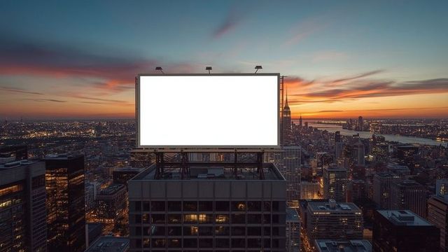 Blank billboard above cityscape at dusk with urban skyline