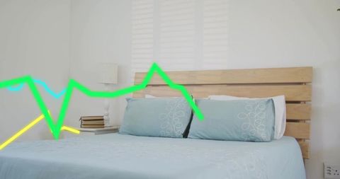 Minimal modern bedroom featuring light wood headboard blue bedding and neon line overlay