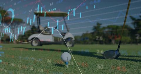 Golf and finance concept: tee-off with stock market data overlay