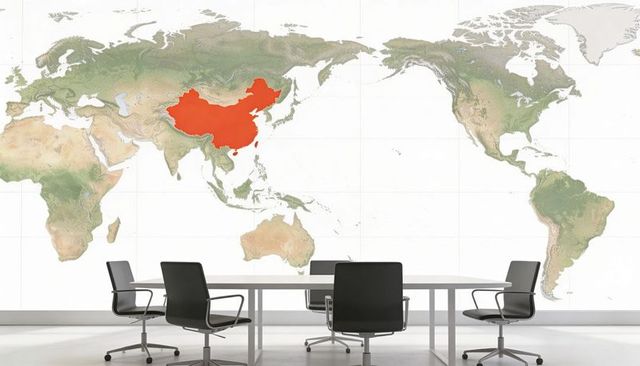 Modern boardroom with large world map mural highlighting china in red-orange, minimalist design