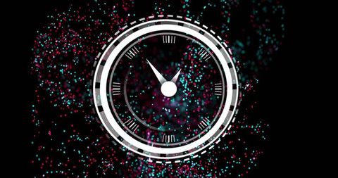 Radiating neon clock dial with cyan magenta particles conveying futuristic time