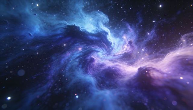 Swirling iridescent nebula vortex with radiant star clusters and glowing filaments