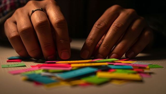 Hands sorting neon sticky notes and labels on desk, closeup fingers arranging tabs