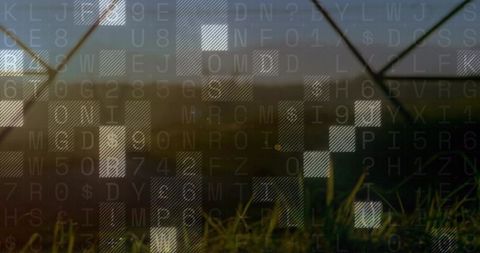 Alphanumeric grid overlay blending with dusk grass fence and hatched tiles