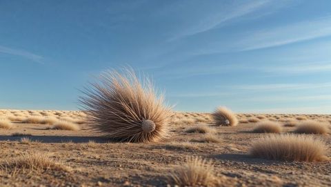 Vast desert plain with tumbleweed and scattered grass tussocks under clear blue sky