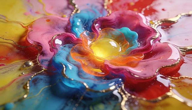 Vibrant resin flower macro glowing central orb with sheer glossy petals and gold veins